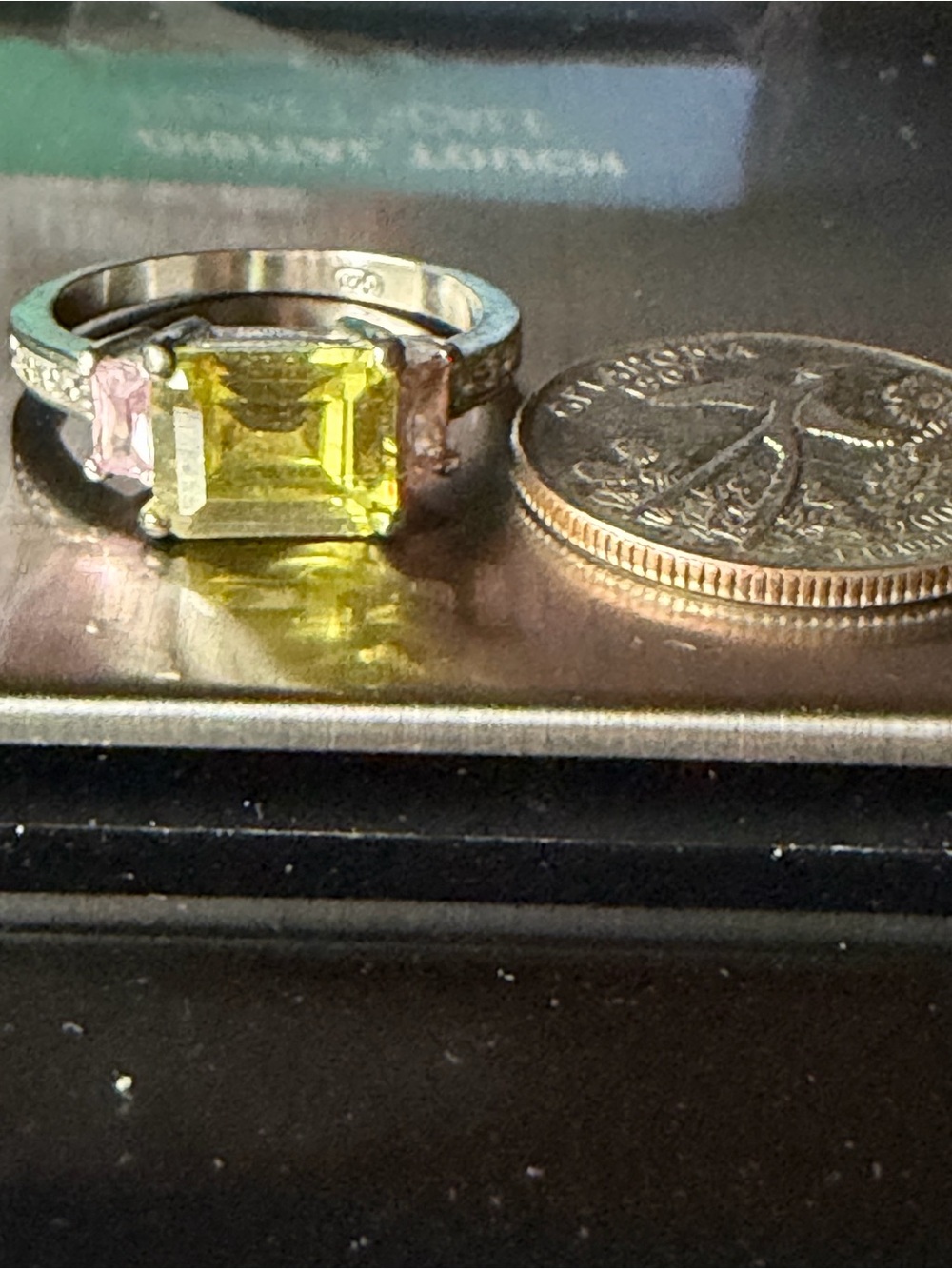 Sterling Silver Lemon Green/Yellow & Pink Gemstone Ring sz 10 Vintage
